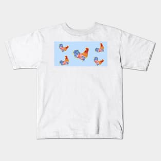 Rooster Chicken Funny Watercolor Blue Polka Dot Kids T-Shirt